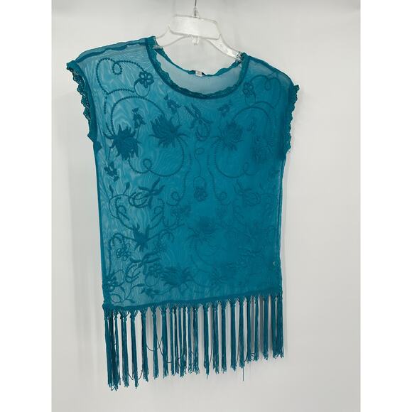 Charming Charlie Womens Top Size M Sheer Mesh Embroidered Fringe Boho Festival - Picture 1 of 8